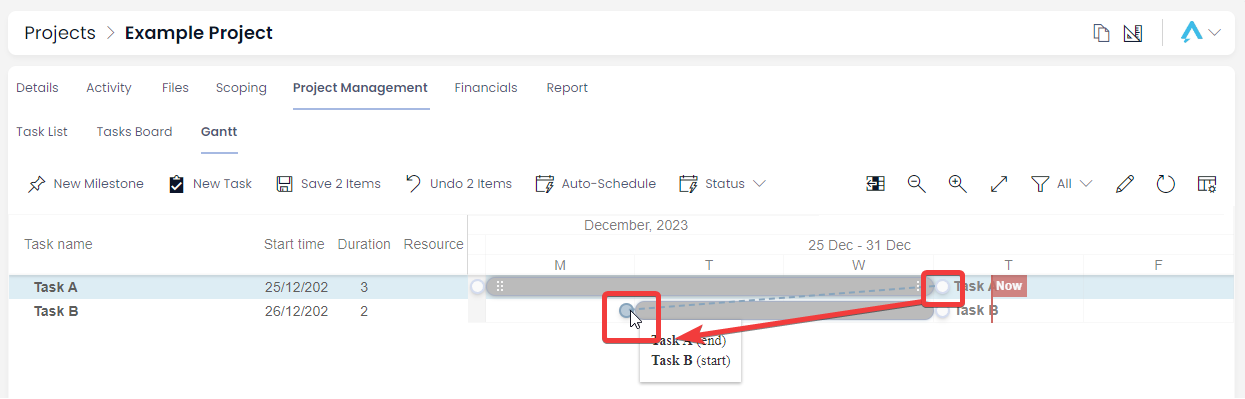 A screenshot showing the user how to connect a task to another in a Gantt chart with a Finish-to-Start Dependency